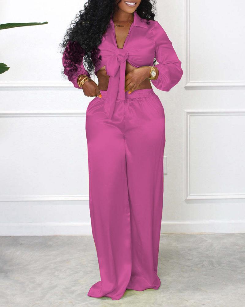 

Long Sleeve Tied Detail Crop Top & Pants Set, Hot pink