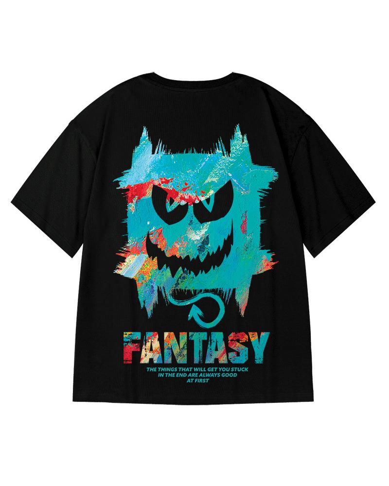 

Devil Patterns Cartoon Print Short Sleeve Loose T-shirt, Black
