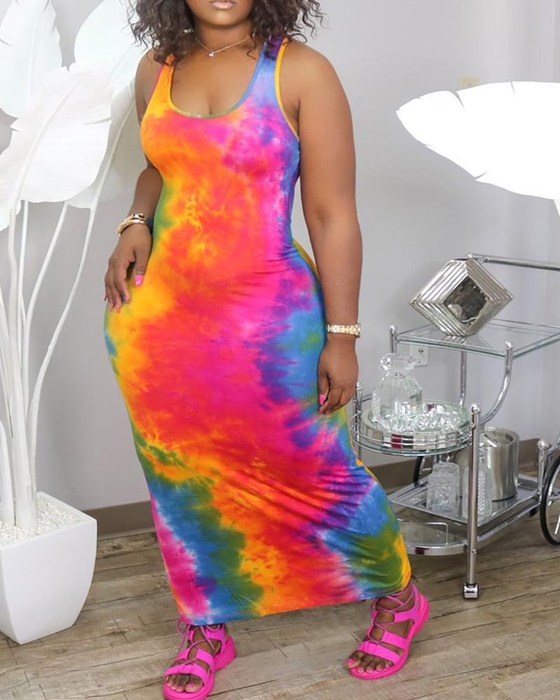 

Tie Dye Print U-Neck Sleeveless Maxi Dress, Hot pink