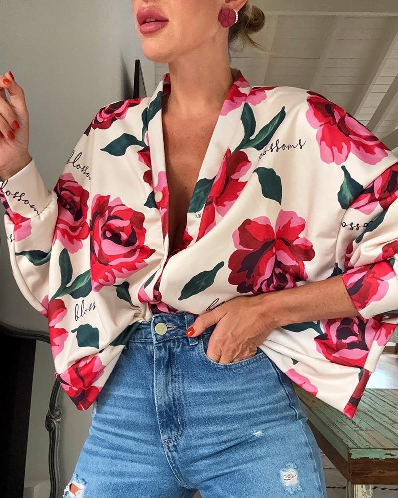 

Blusa informal holgada tipo cárdigan con cuello en V, mangas murciélago y estampado floral, Beige