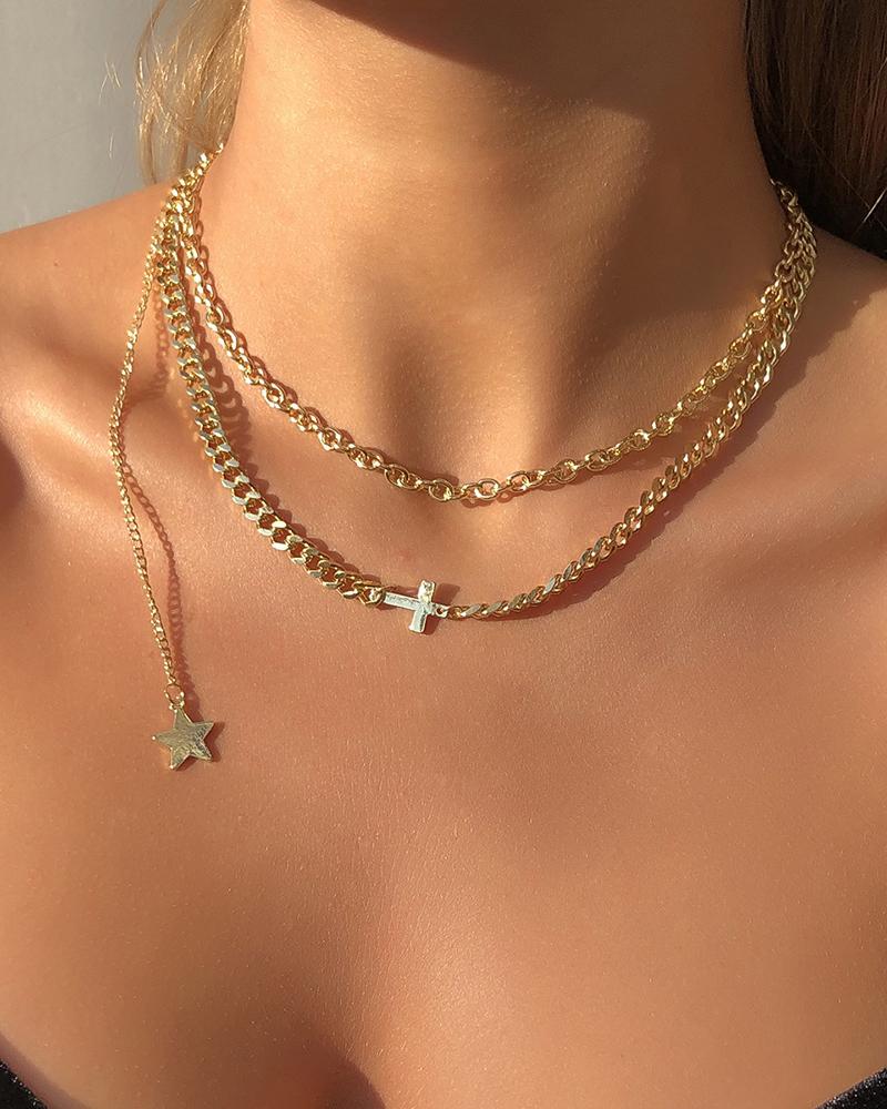 

1PCS Simple Cross Star Pendant Layered Chain Necklace, Gold