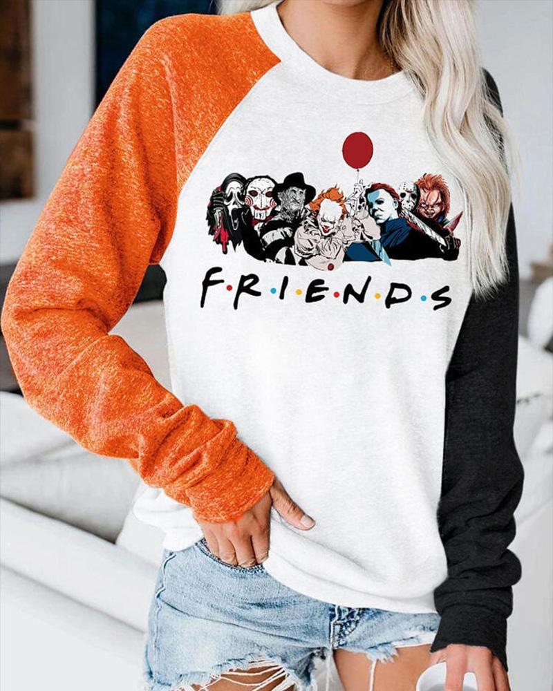 

Halloween Long Sleeve Letter Graphic Print Colorblock Top, White