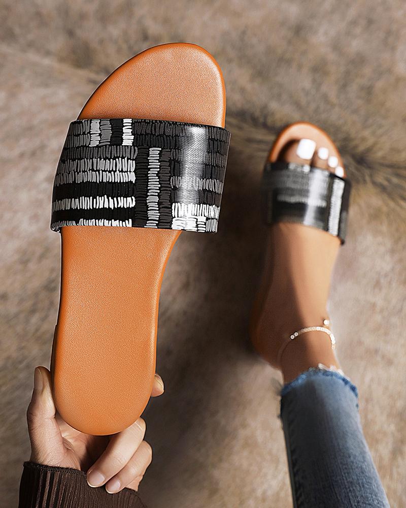 

Round-toe All Over Print Strap Flat Slippers, Black