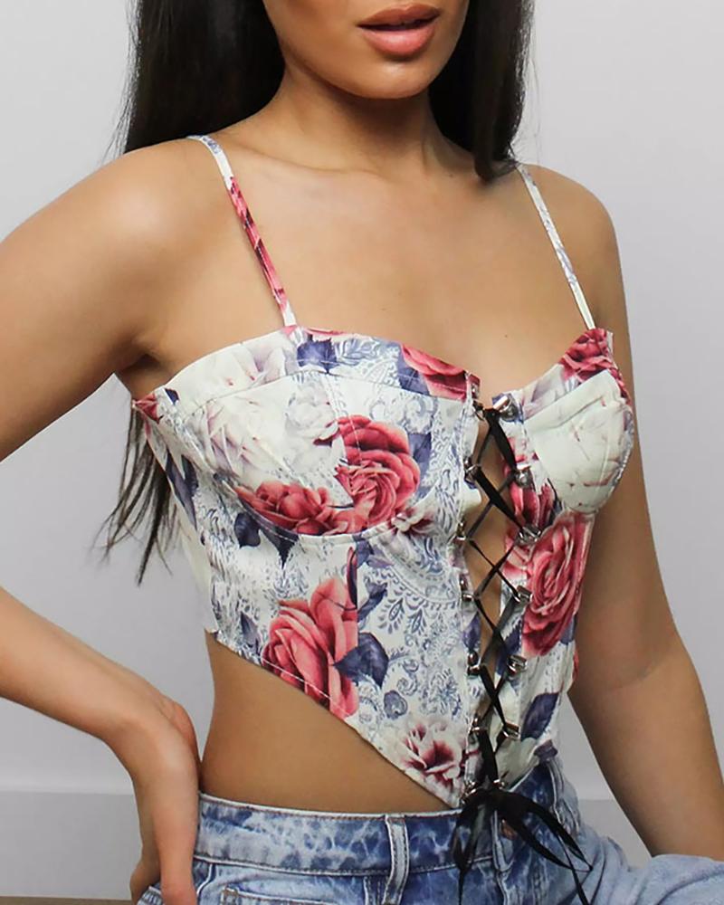 

Spaghetti Strap Strappy Floral Print Crop Top, Purple