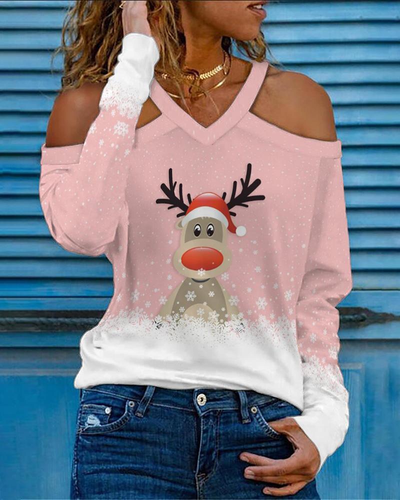 

Christmas Cold Shoulder Snowflake Elk Print Top, Pink