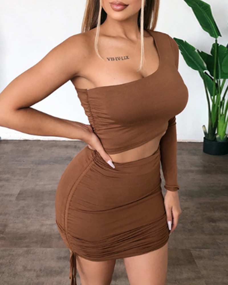 

Solid Color One Shoulder Sleeveless Ruched Mini Dress, Brown