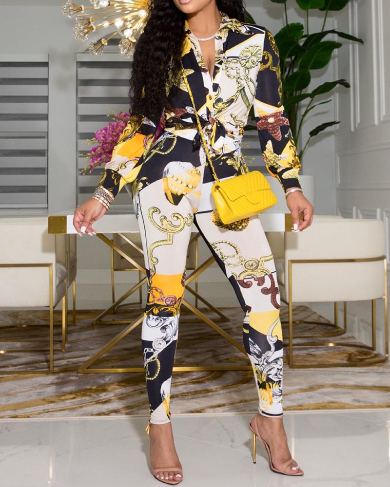 

Scarf Print Long Sleeve Shirt & High Waist Pants Set, Multicolor