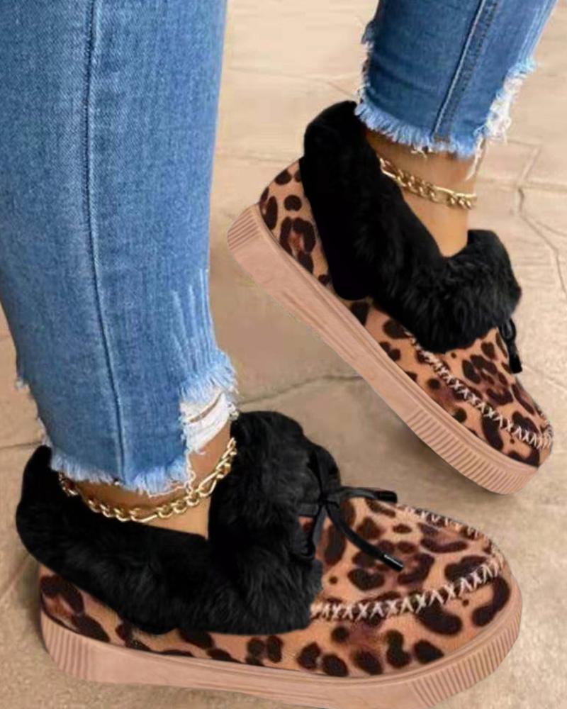 

Tied Detail Fuzzy Trim Lined Snow Boots, Leopard
