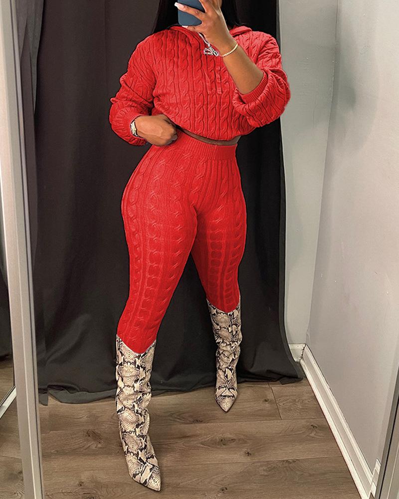 

Long Sleeve Cable Knit Hooded Sweater & Pants Set, Red