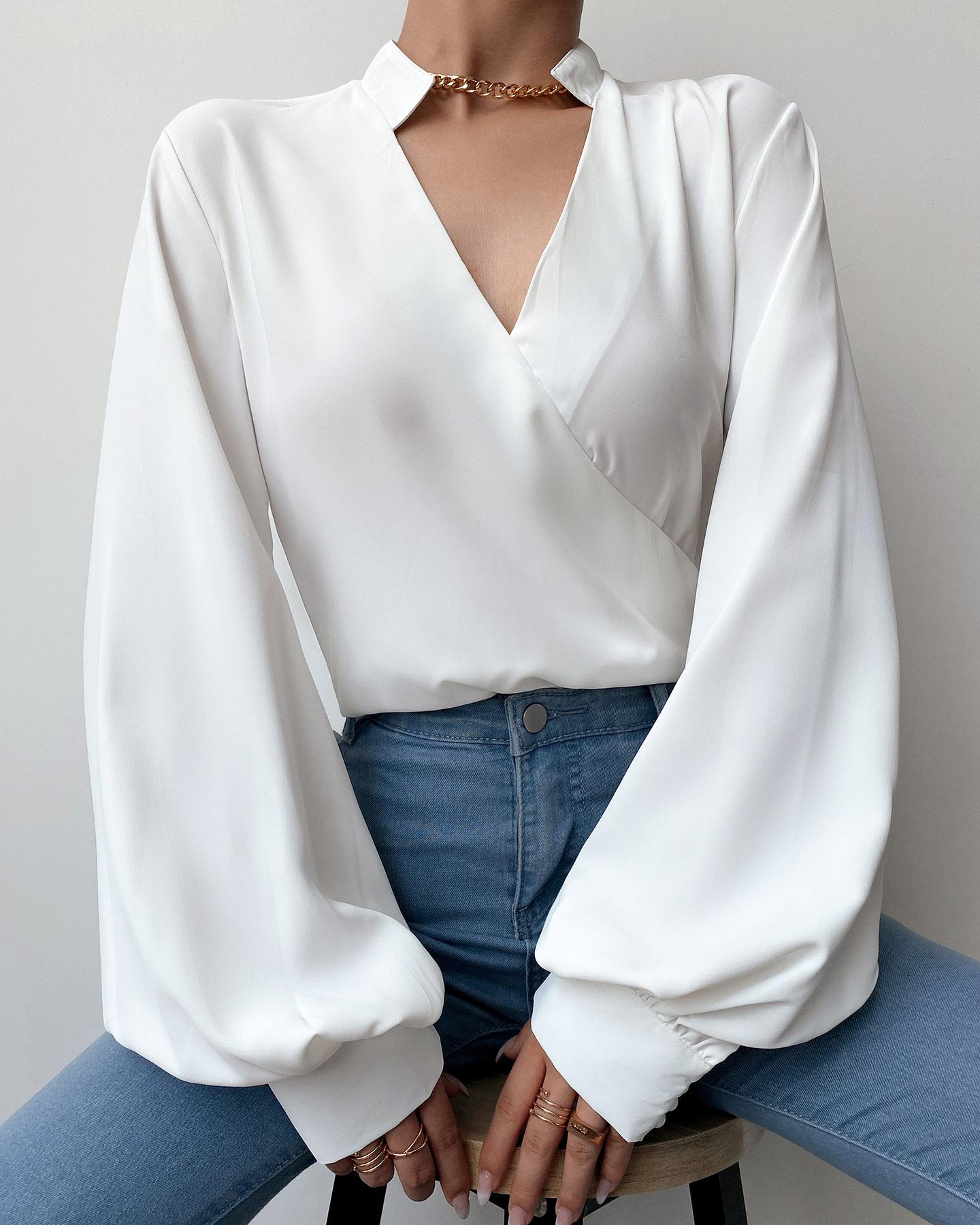 

Lantern Sleeve V-Neck Casual Wrap Shirt, White