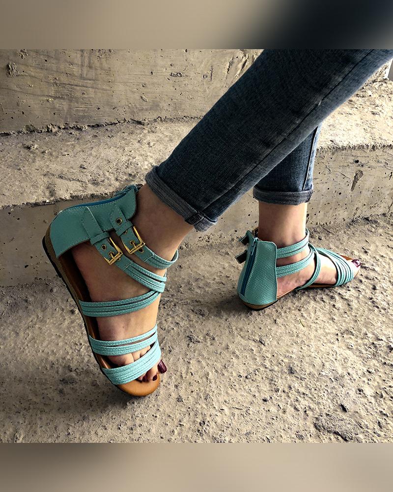 

Solid Strappy Boho Flat Sandals, Lighted blue