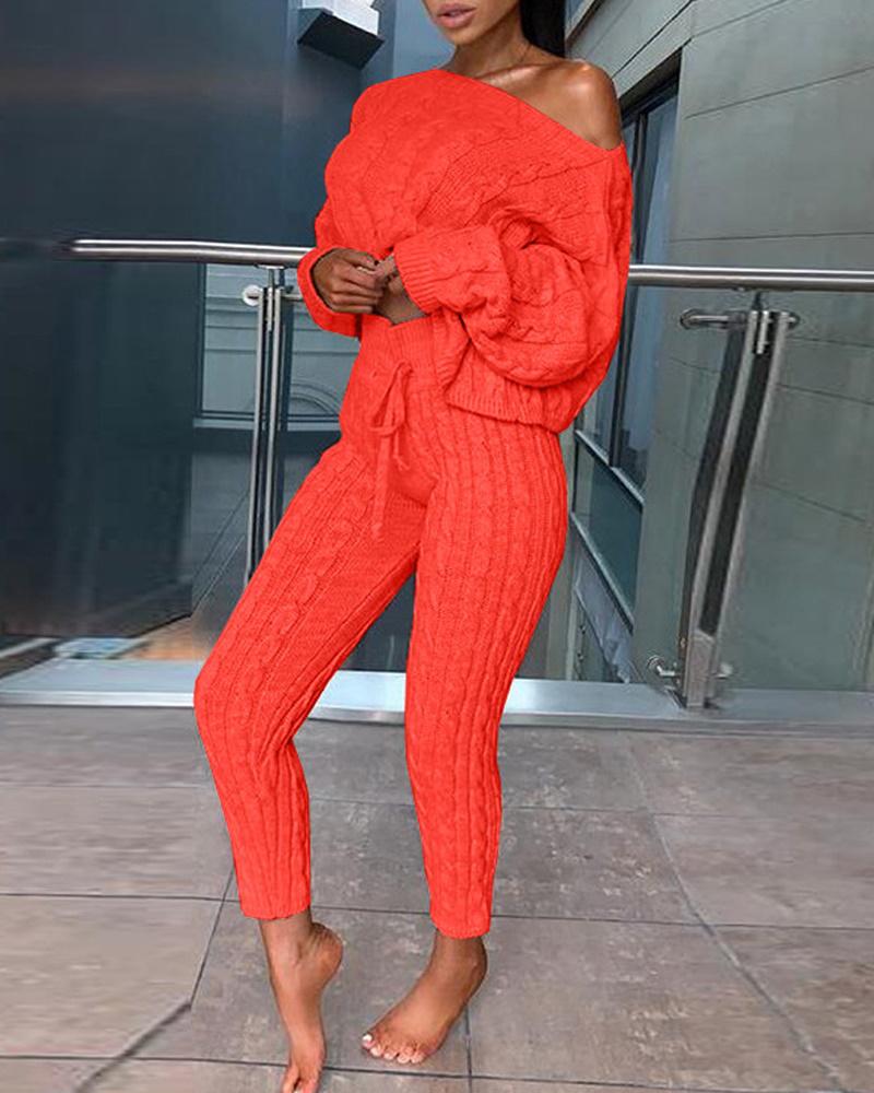 

Long Sleeve Cable Knit Sweater & Pants Set, Orange
