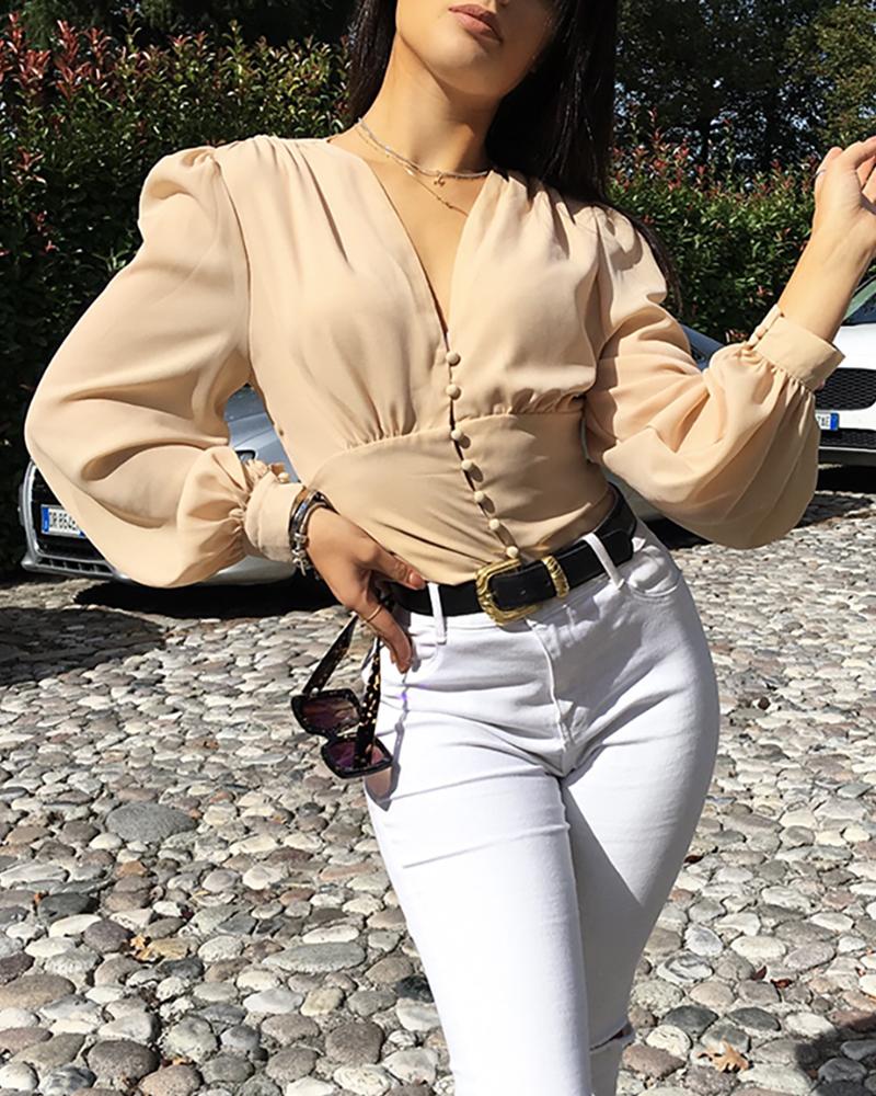 

V-Neck Solid Lantern Sleeve Casual Blouse, Khaki