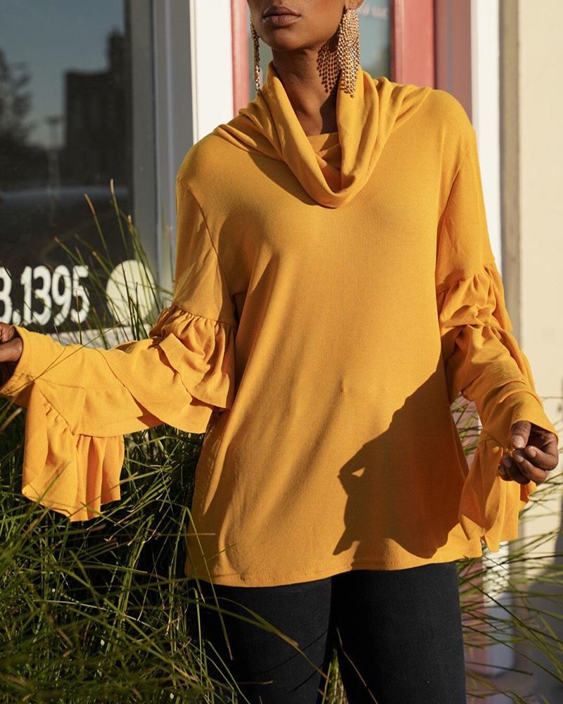 

High Neck Ruffle Hem Long Sleeve Top, Yellow