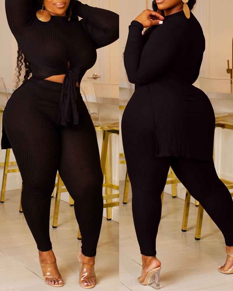 

Plus Size Ribbed Split Hem Long Sleeve Top & Pants Set, Black