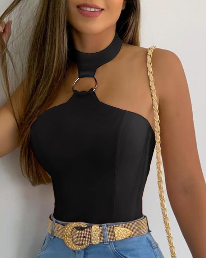 

Plain O-Ring Halter Sleeveless Top, Black