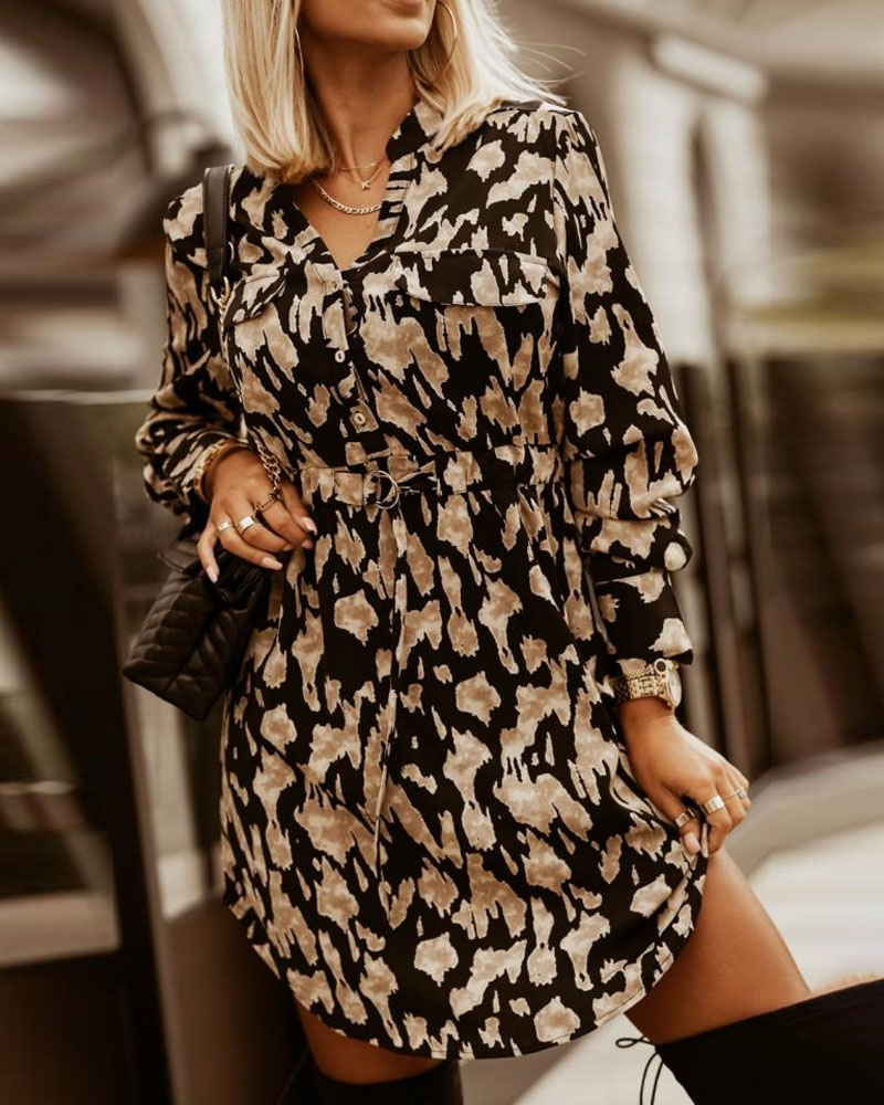

Abstract Print Button Down Belted Shirt Dress, Khaki