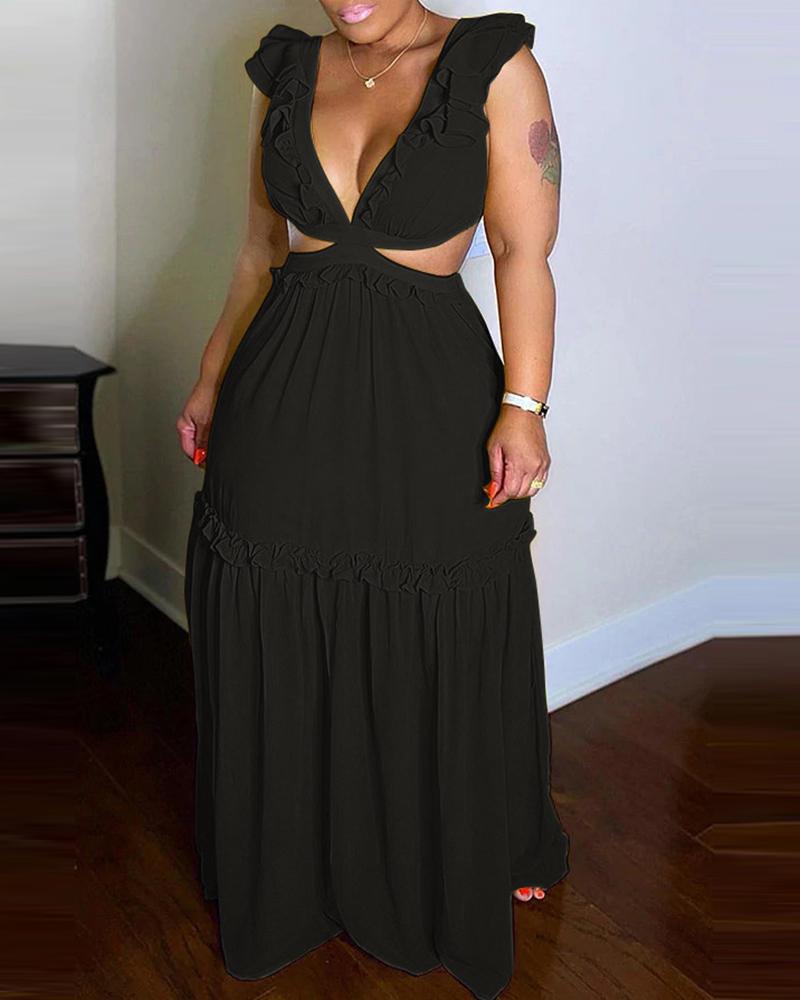 

Flutter Sleeve Backless Ruched Chiffon Lace-up Dress, Black