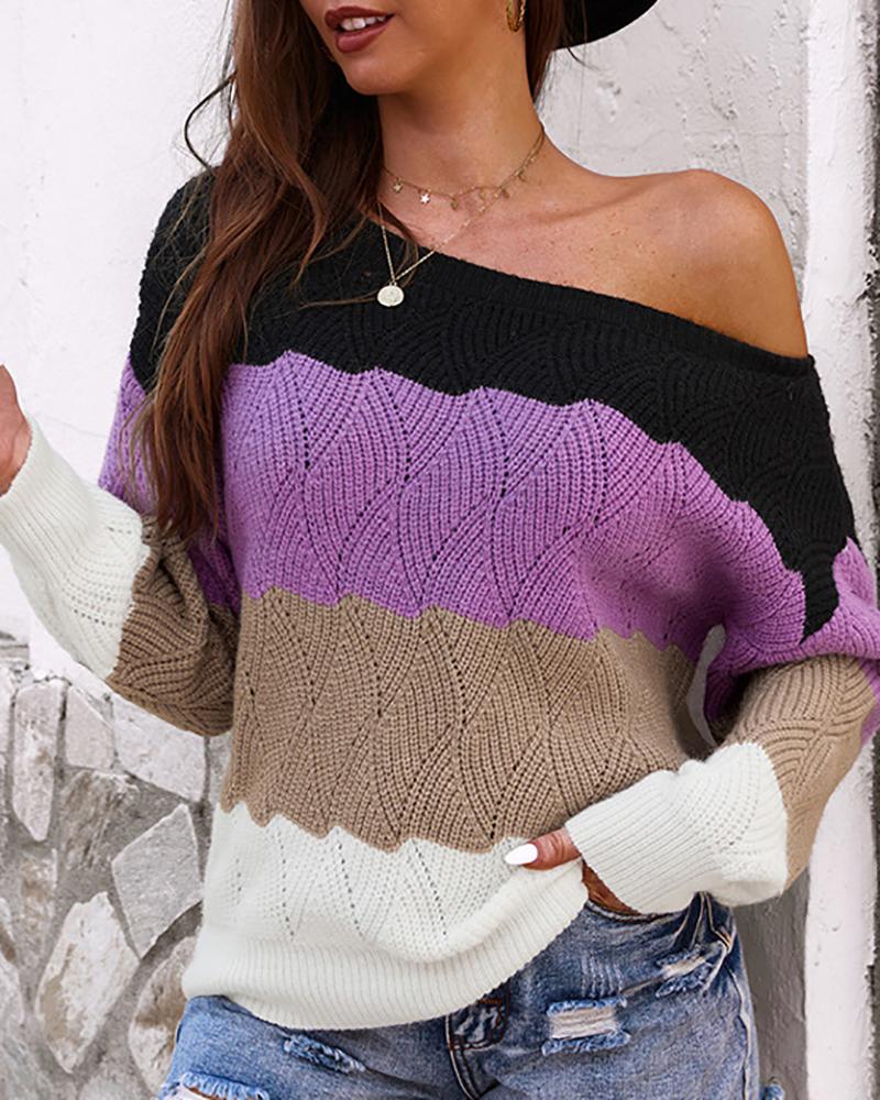 

Striped Colorblock Long Sleeve Sweater, Purple