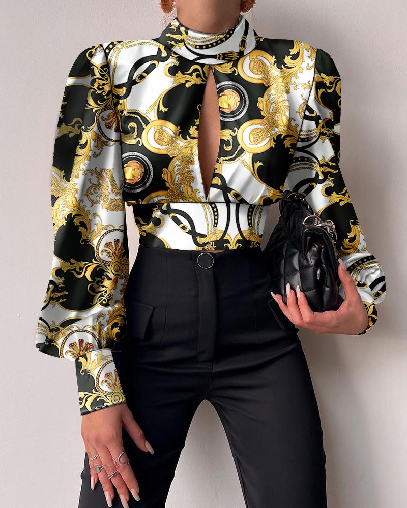 

Baroque Print Puff Lantern Sleeve Backless Top, Yellow