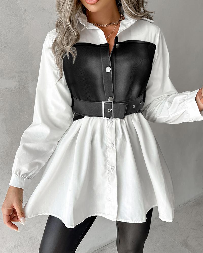 

PU Leather Patchwork Belted Buttoned Top, Blackwhite