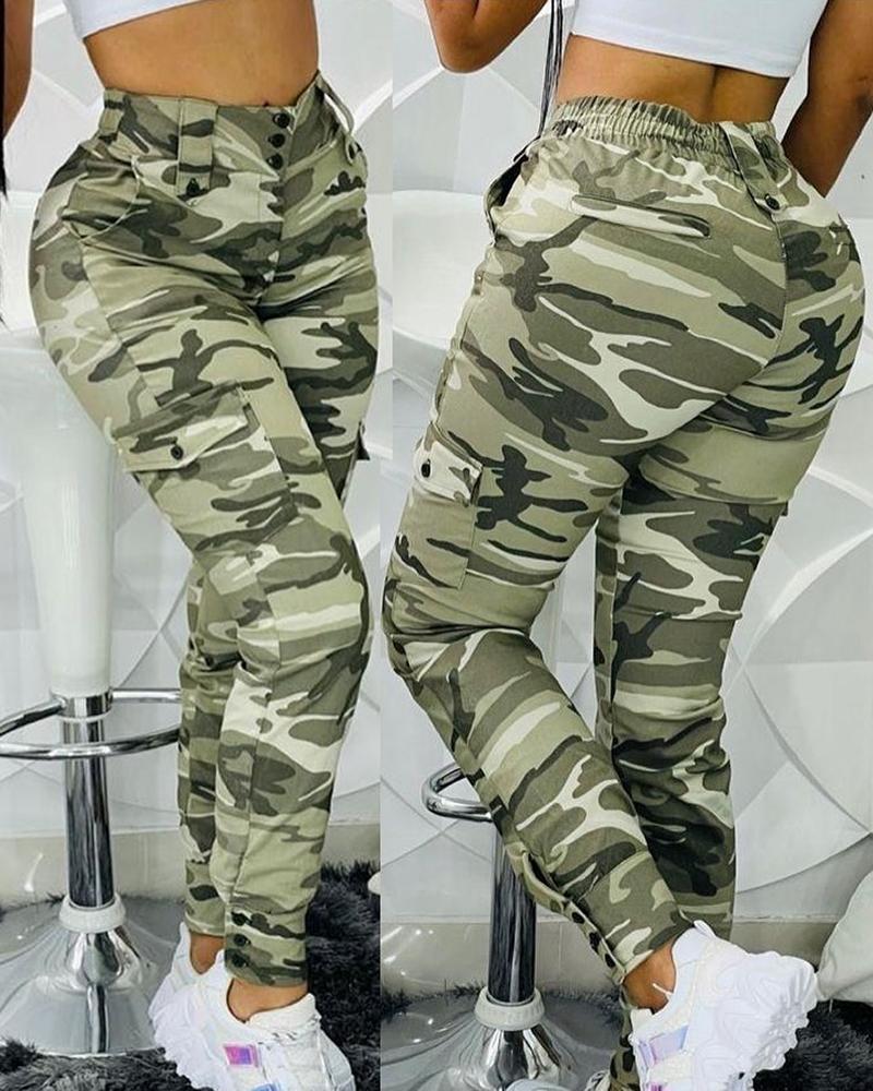 

Camouflage Print High Waist Cargo Pants, Green