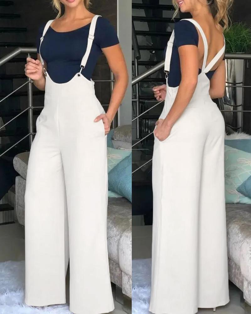 

Wide Leg Pocket Design Suspender Jumpsuit, White