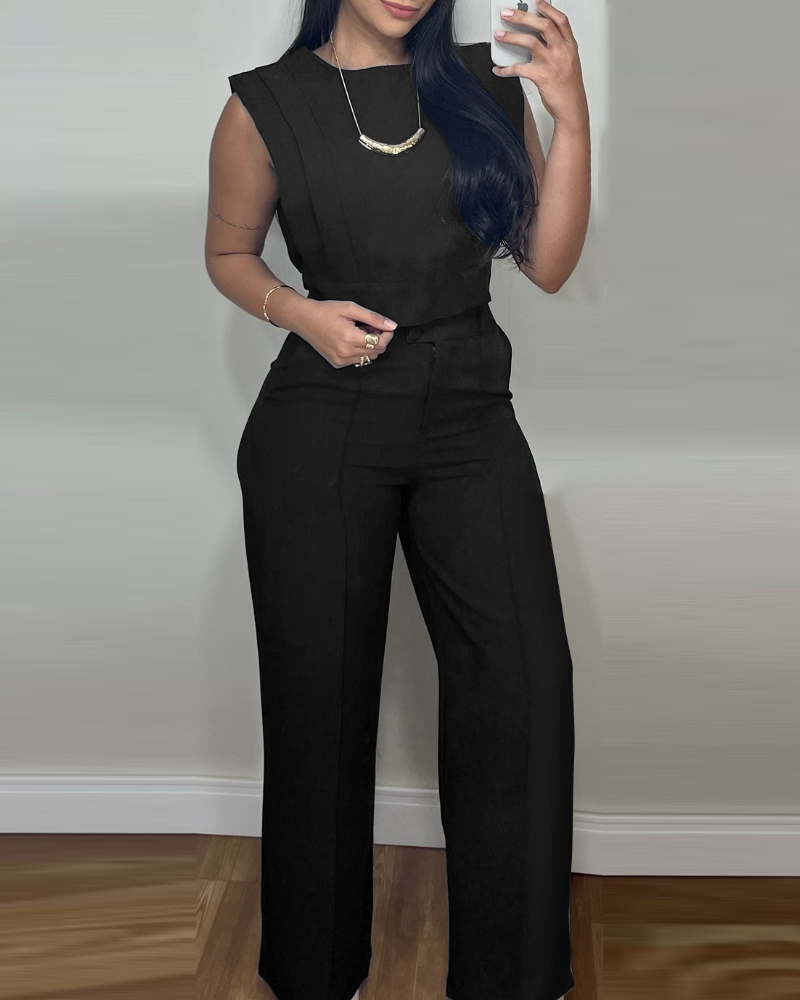 

2 Pieces Outfit 3D Cutting Decor Design Cap Sleeve Hollow-out Back Crop Top and Casual Zipper Fly Seam Front Straight Pants Set, Black