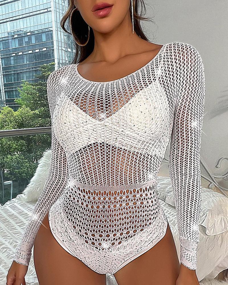 

Rhinestone Decor Hollow Out Fishnet Bodystockings, White