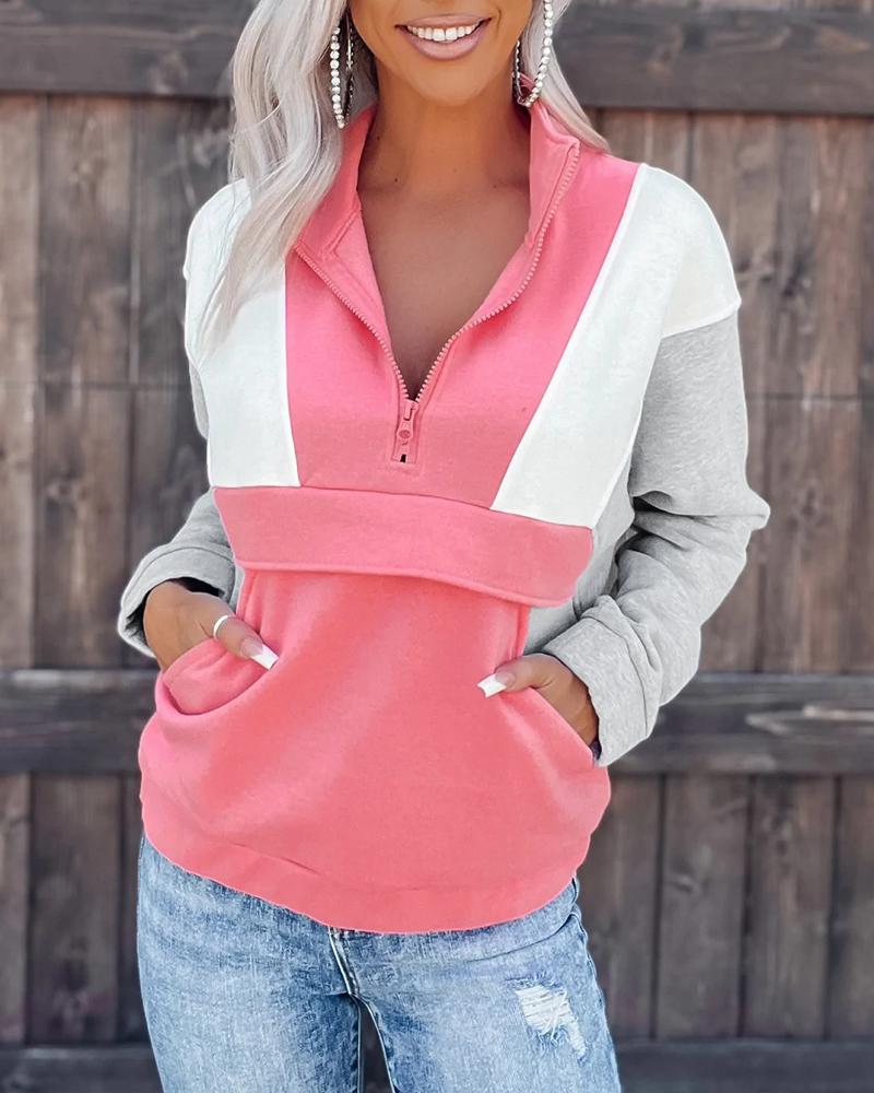 

Colorblock Zip Front Long Sleeve Sweatshirt, Pink