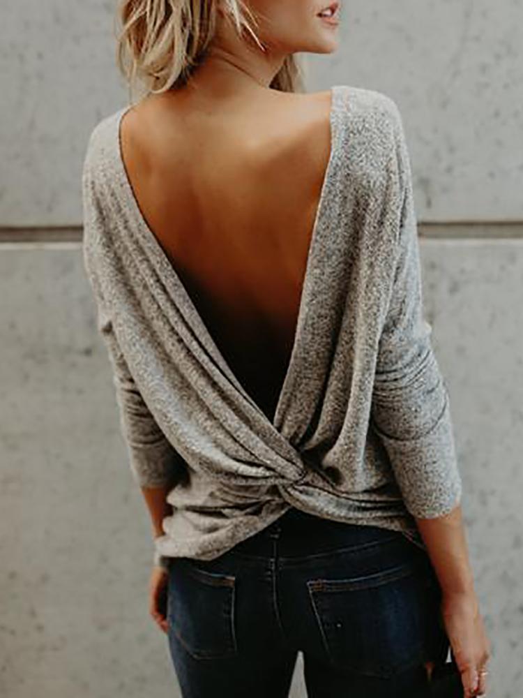 

Sexy Twisted Open Back Casual Blouse, Gray;purple