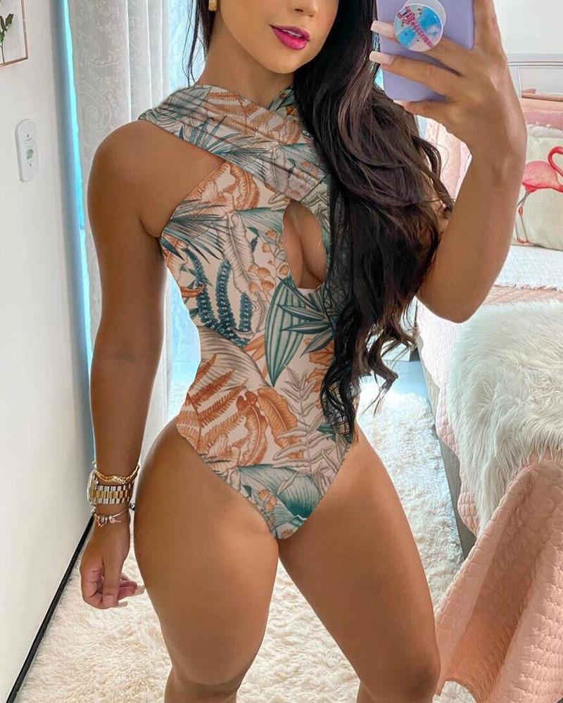

Floral Print Sleeveless Slim One Piece Swimwear, Multicolor