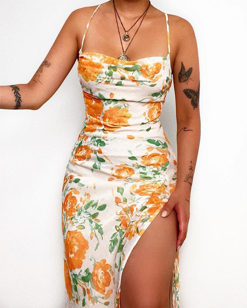 

Cowl Neck Split Thigh Floral Print Dress, Multicolor