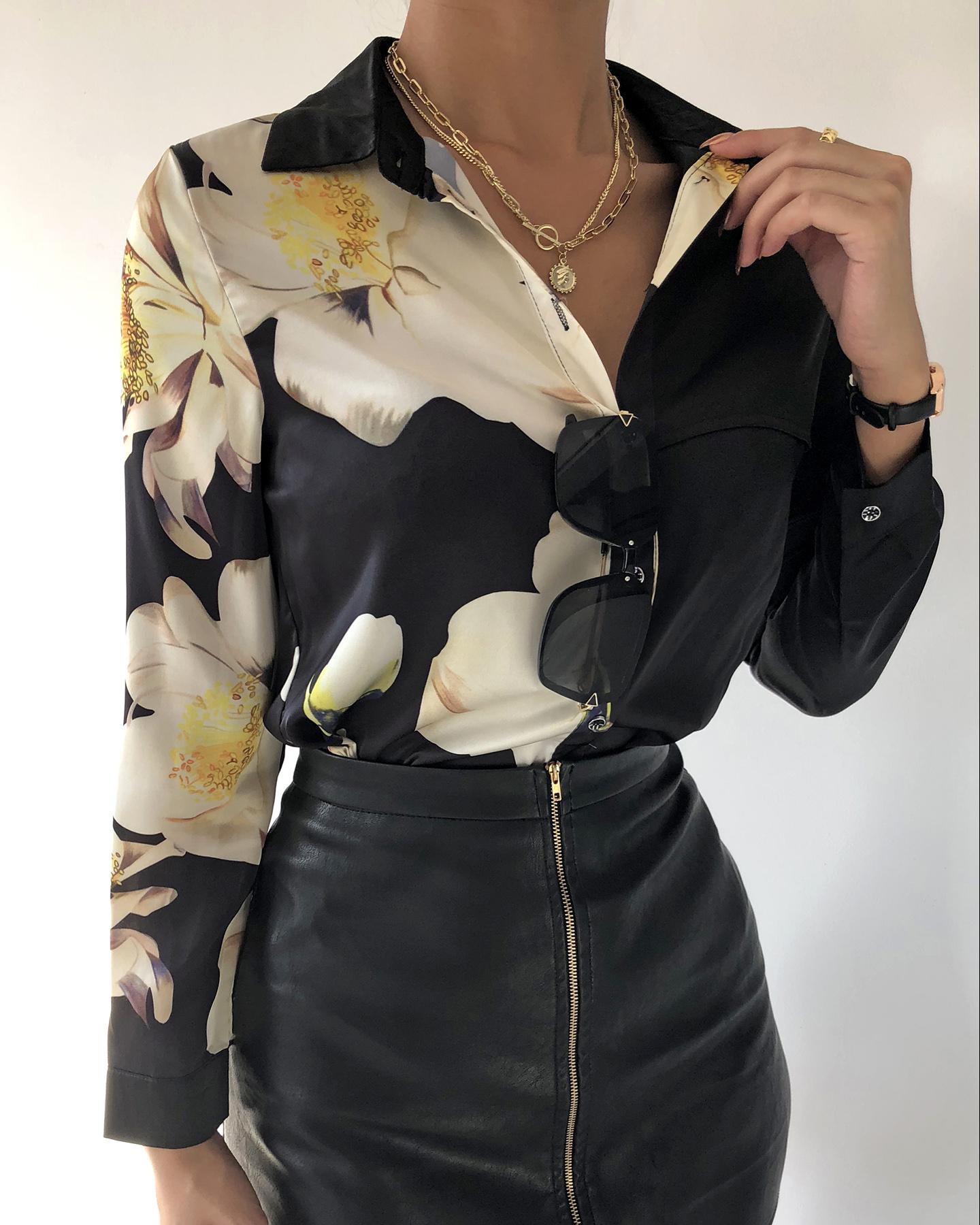 

Floral Print Button Design Long Sleeve Shirt, Black