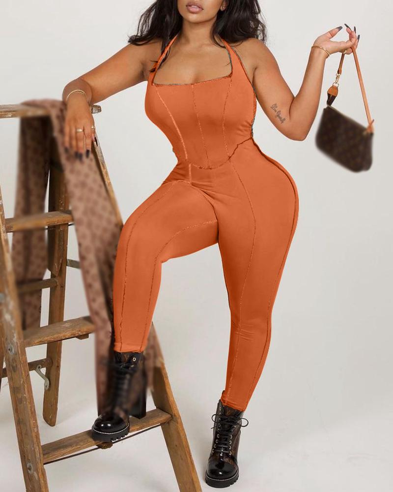 

Contrast Stitching Halter Backless Skinny Jumpsuit, Orange