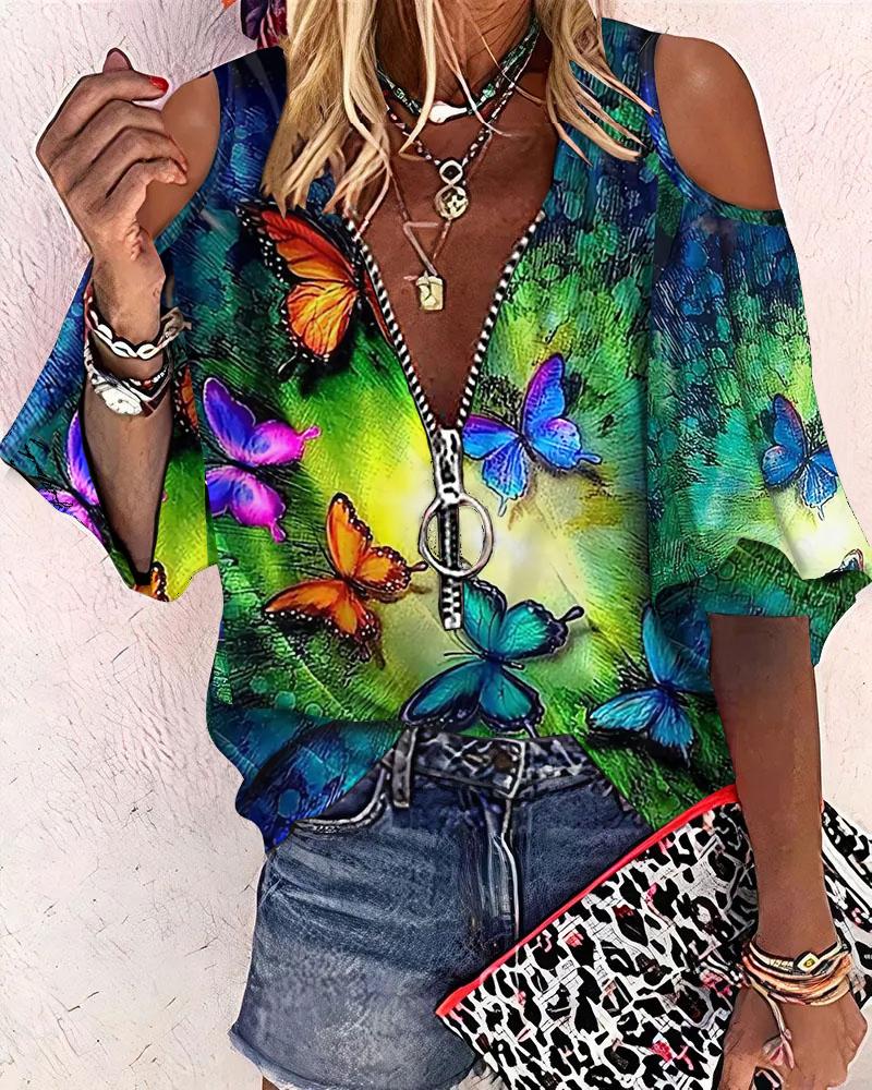 

Butterfly Print Cold Shoulder Zip Front Chiffon Top, Multicolor