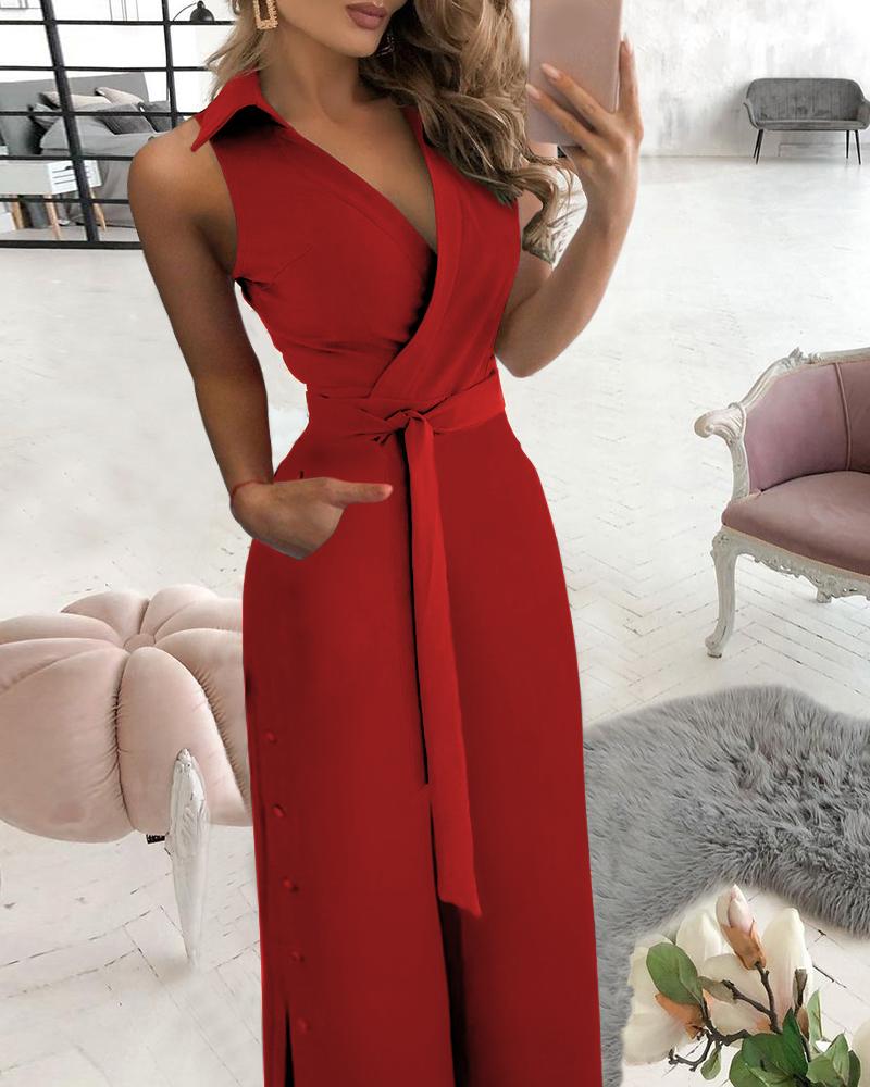 

Buttoned Pocket Design Tied Detail Slit Jumpsuit, Red