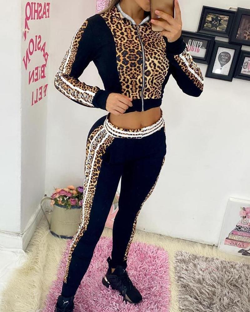 

Cheetah Print Colorblock Coat & High Waist Pants Set, Leopard