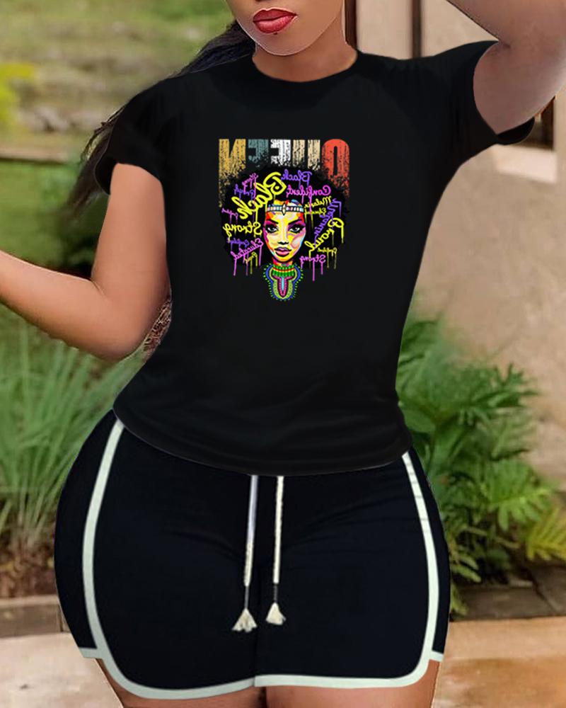 

Figure Cartoon Print Short Sleeve T-shirt With Drawstring Side Stripe Short Pants Suit Sets, Black