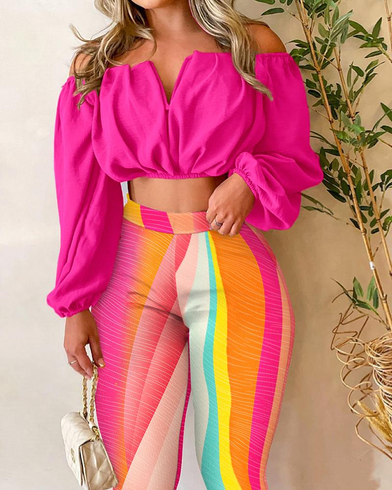 

Off Shoulder Ruched Crop Top & Colorblock Pants Set, Hot pink