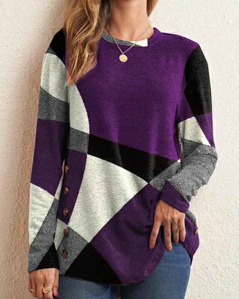 

Colorblock Buttoned Long Sleeve Top, Purple