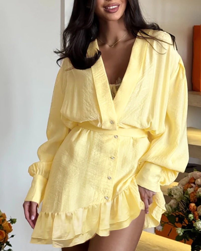 

Plunge V Neck Long Sleeve Waist Mini Dress Casual Asymmetrical Ruffles Hem A Line Dress, Yellow