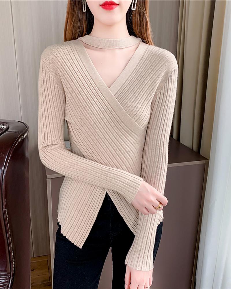 

Long Sleeve Crisscross Knit Top, Khaki