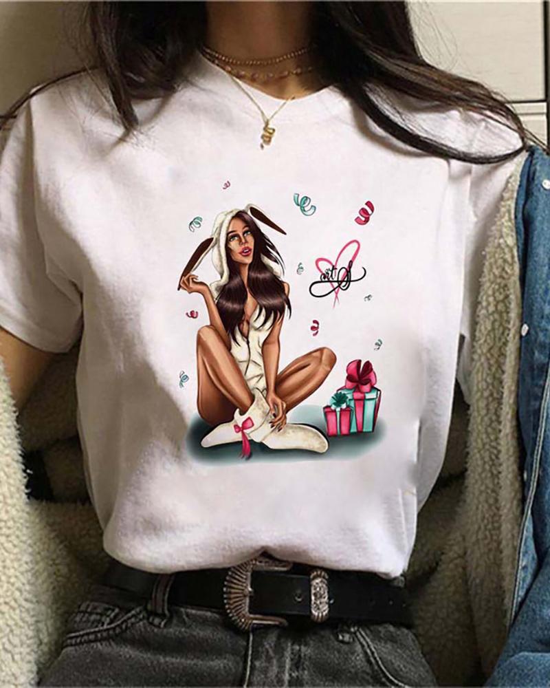 

Figure Graphic Letter Print Short Sleeve Casual T-shirt, Style4