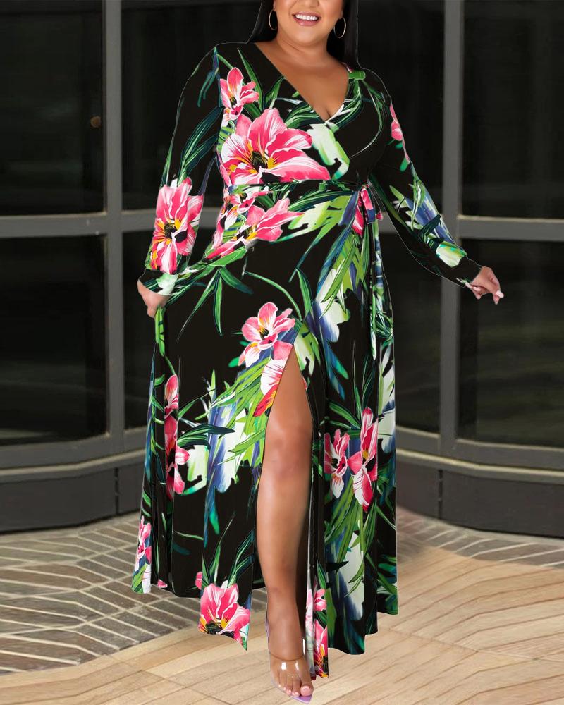 

Plus Size Tropical Print High Slit Wrap Maxi Dress, Black