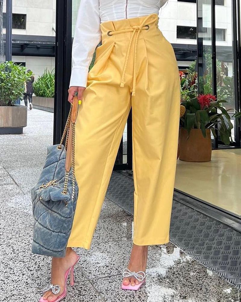 

Frill Hem High Waist Work Pants, Yellow