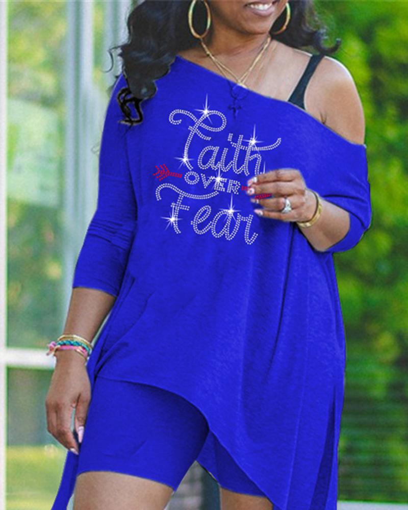 

Rhinestone Letter Pattern Asymmetrical Top & Shorts Set, Blue