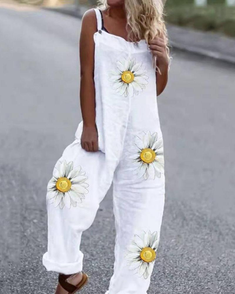 

Sunflower Print Sleeveless Wide Leg Jumpsuit, White