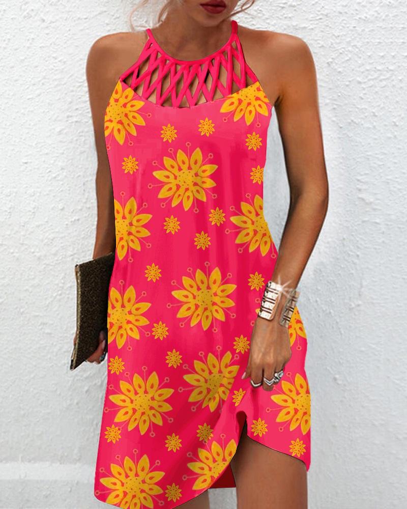 

Floral Print Sleeveless Hollow Out Casual Dress, Hot pink