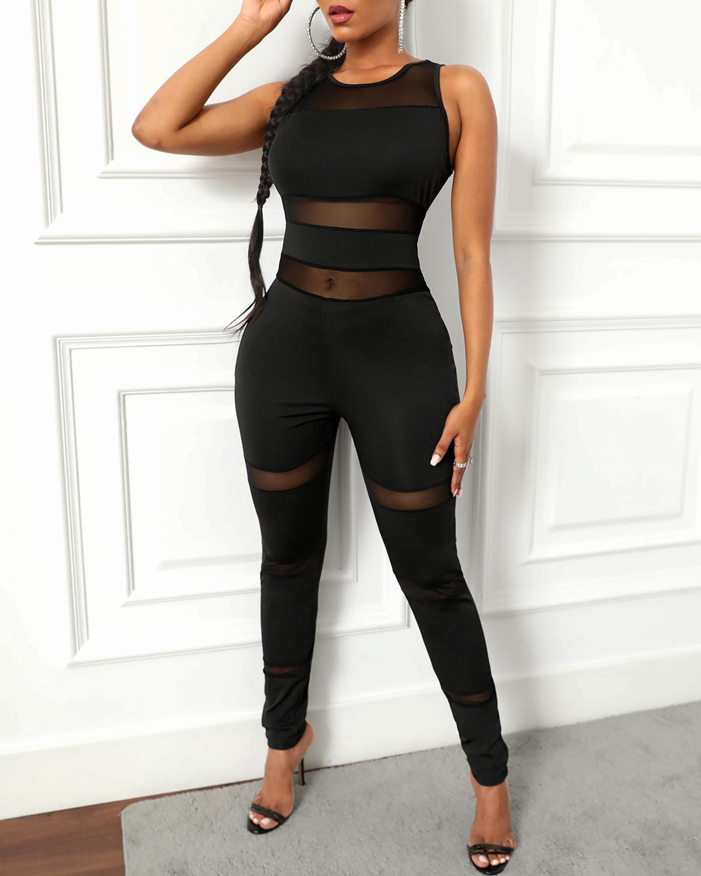 

Sheer Mesh Sleeveless Skinny Jumpsuit, Black